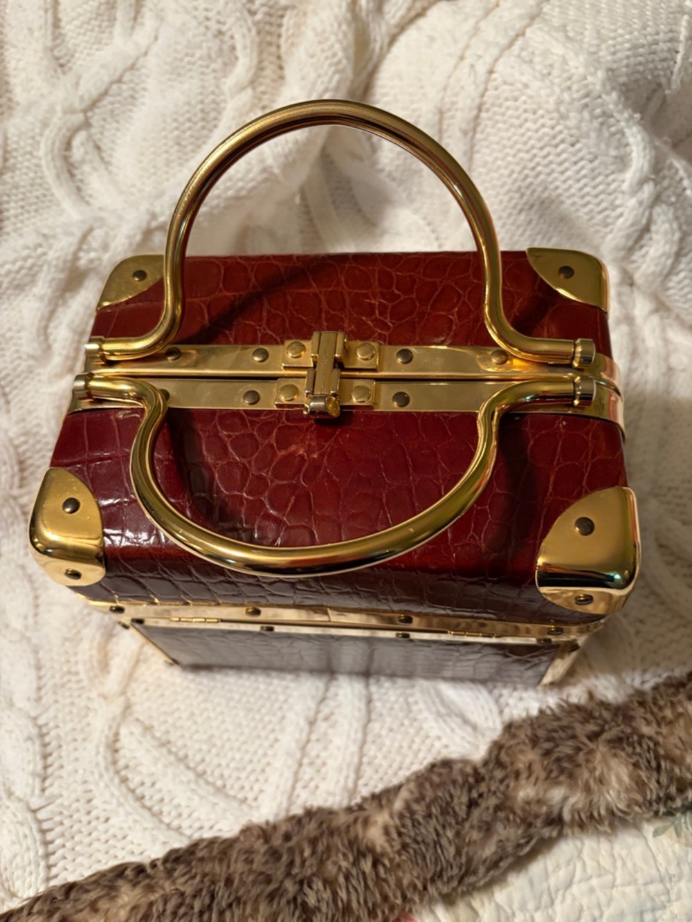 Vintage-Inspired Red Croc-Embossed Box Bag with Gold Hardware